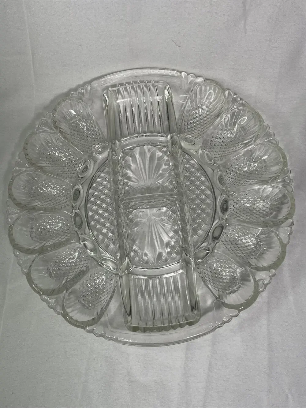 Vintage LE Smith Glass Deviled Egg Serving Platter Pineapple Pattern Plate